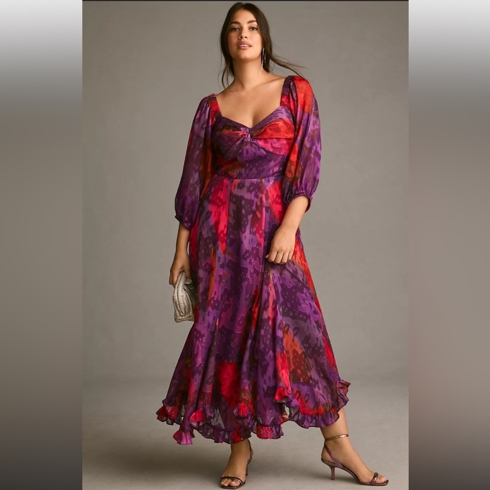 HUTCH PRINTED TWIST-FRONT PUFF-SLEEVE RUFFLE-HEM DRESS XLP